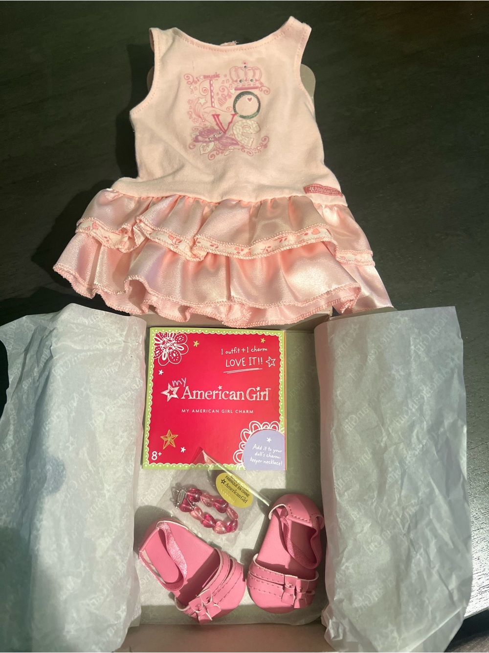 American Girl Pretty Pink Ruffle Tank Dress with Pink Sandals & Bracelet